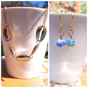 Pink Floral Earrings & Shell Choker Necklace Bundle
